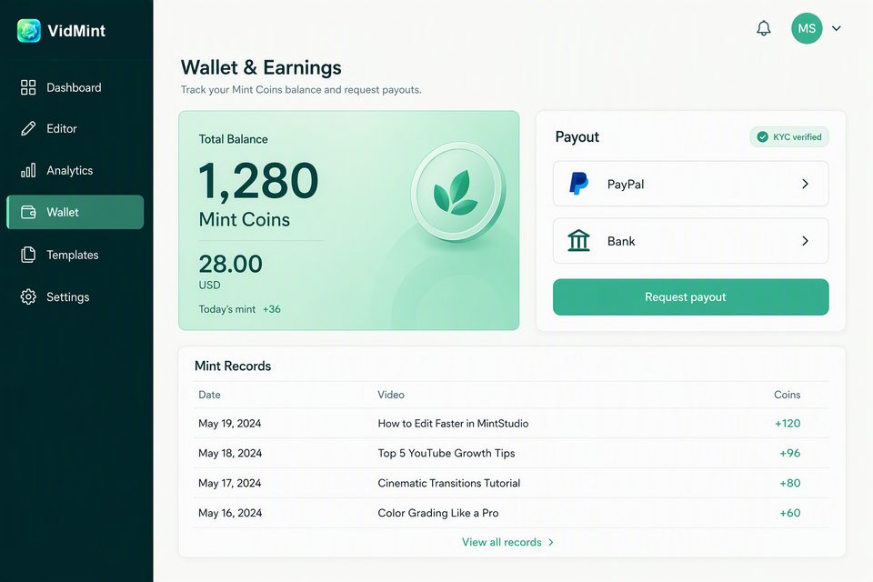 Portefeuille web VidMint pour le retrait des Mint Rewards sur ordinateur