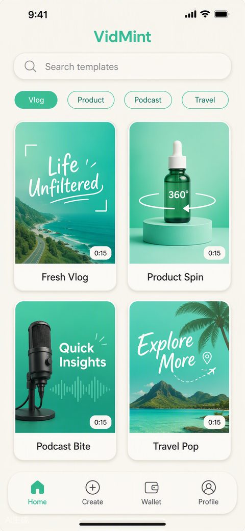 Bibliothèque de modèles de vidéos courtes VidMint avec formats synchronisés au rythme